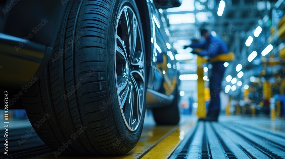 Close-Up of Vehicle Wheel in Automotive Workshop with Technician Close-Up of Vehicle Wheel in Automotive Workshop with Technician