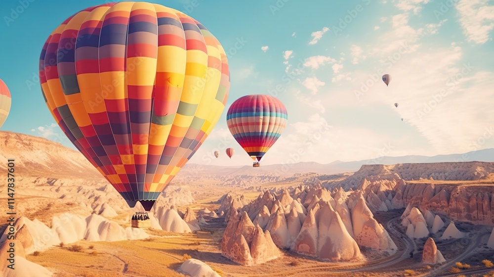 Obraz premium Colorful Hot Air Balloons Over Scenic Landscape at Sunrise