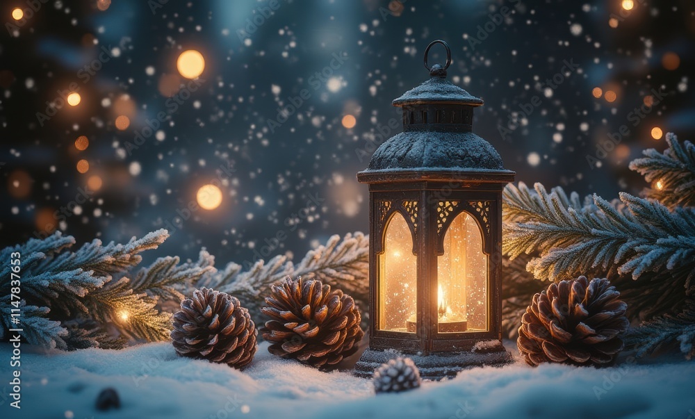 Serene winter lantern with pinecones Serene winter lantern with pinecones