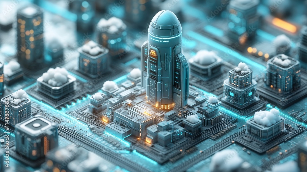 A futuristic cityscape featuring a central tower amidst a network of buildings and circuits. A futuristic cityscape featuring a central tower amidst a network of buildings and circuits.