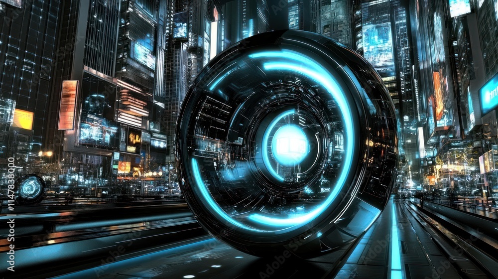 A futuristic cityscape featuring a glowing orb amidst neon lights and digital displays. A futuristic cityscape featuring a glowing orb amidst neon lights and digital displays.