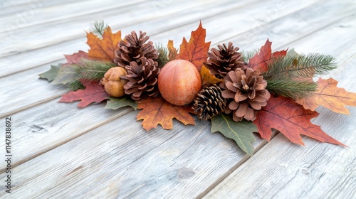 The wooden table is adorned with a variety of autumn leaves and decorative elements, cleverly arranged in a frame along the edges of the table, creating a captivating and cozy fall themed display. photo