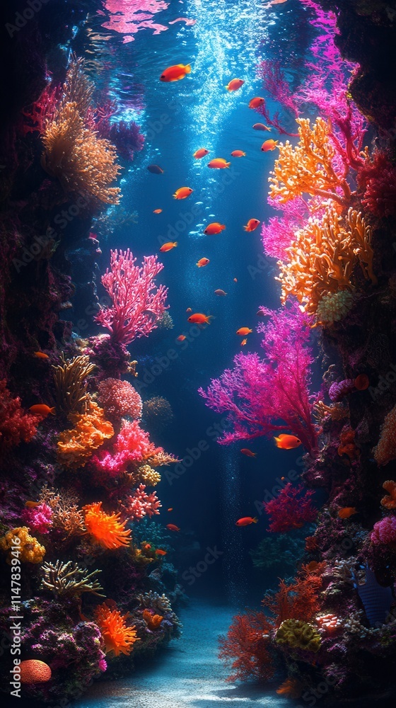 Obraz premium A vibrant underwater scene showcasing colorful coral reefs and schools of fish, highlighting marine biodiversity.