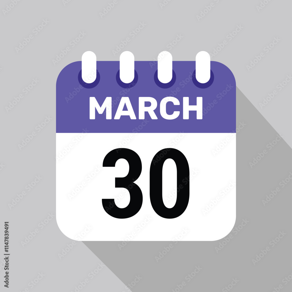 30 march calendar icon vector with date background. Vector schedule symbol. 30 march calendar icon vector with date background. Vector schedule symbol.