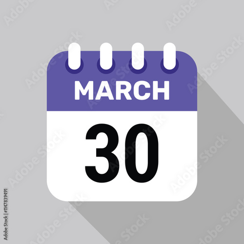30 march calendar icon vector with date background. Vector schedule symbol.