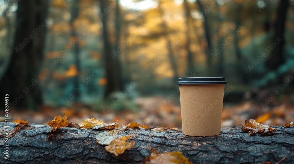A disposable coffee cup sits on a log in an autumn forest. The warm colors of the leaves contrast with the cool tones of the trees, creating a serene atmosphere. A disposable coffee cup sits on a log in an autumn forest. The warm colors of the leaves contrast with the cool tones of the trees, creating a serene atmosphere.