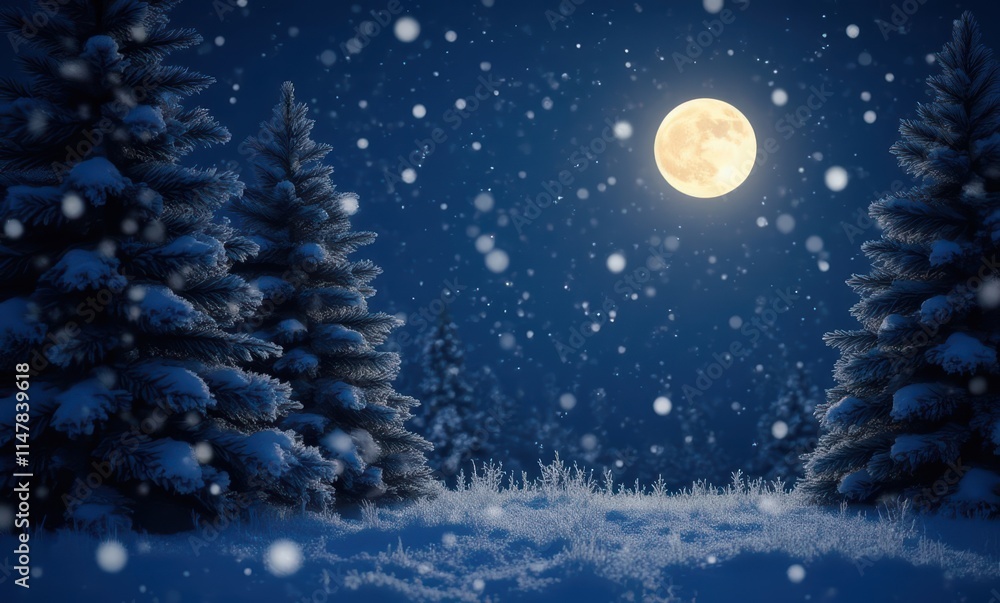 Serene winter night with snowy trees Serene winter night with snowy trees