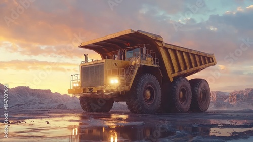 Majestic Mining Truck at Sunset: A Symbol of Industrial Power and Natural Beauty