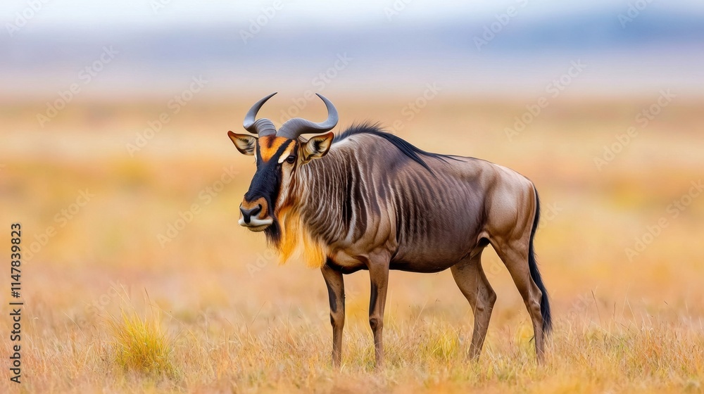 Fototapeta premium A Wildebeest, also known as a gnu, is a large antelope with a dark brown coat, broad head, and curved horns