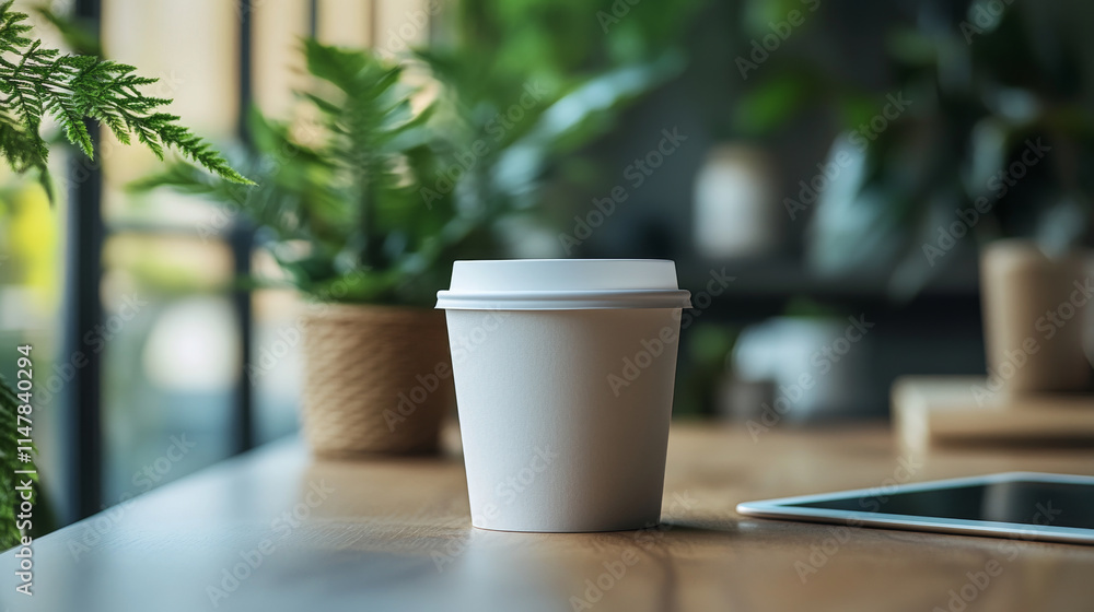 A single disposable coffee cup sits on a wooden table near potted plants. The scene is calm and peaceful, with soft natural light. A single disposable coffee cup sits on a wooden table near potted plants. The scene is calm and peaceful, with soft natural light.