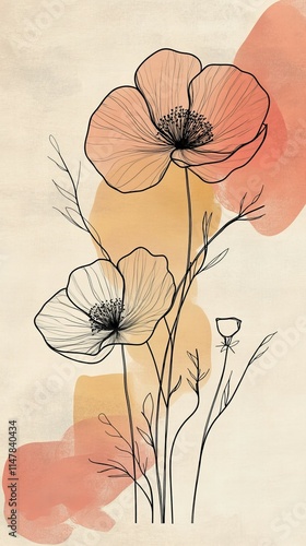 Minimalist floral art with black line drawings on a pastel background. 