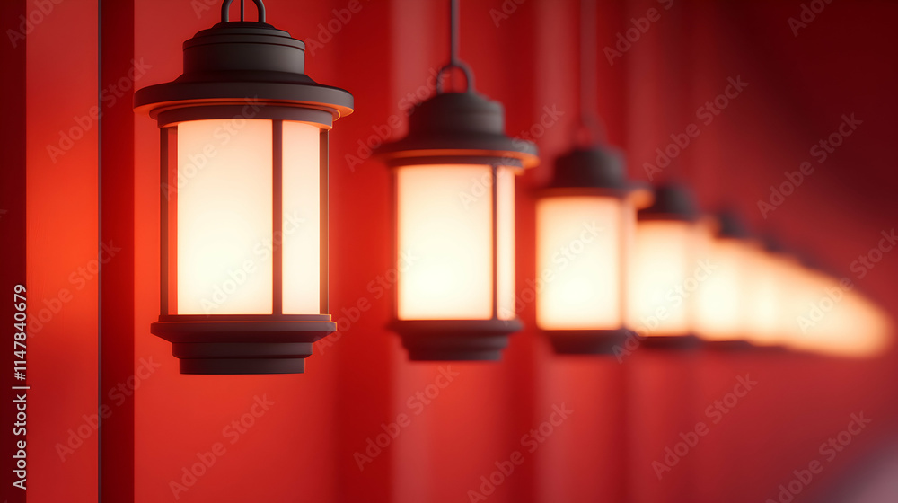 Red lanterns illuminating a serene pathway. Red lanterns illuminating a serene pathway.