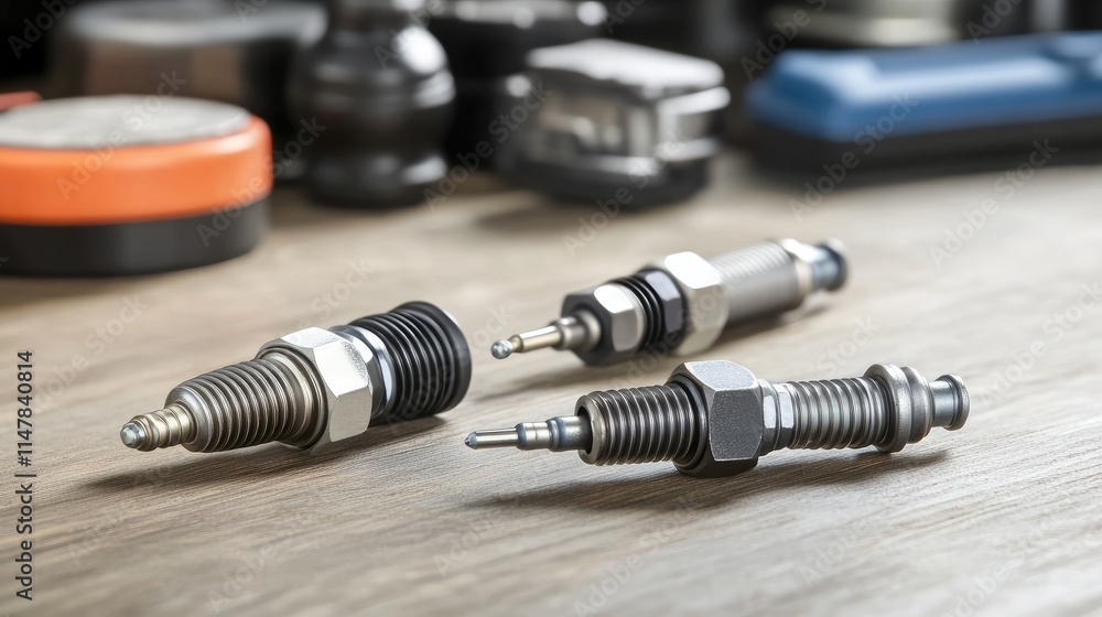 Close-up View of Various Automotive Spark Plugs on Wooden Surface Close-up View of Various Automotive Spark Plugs on Wooden Surface