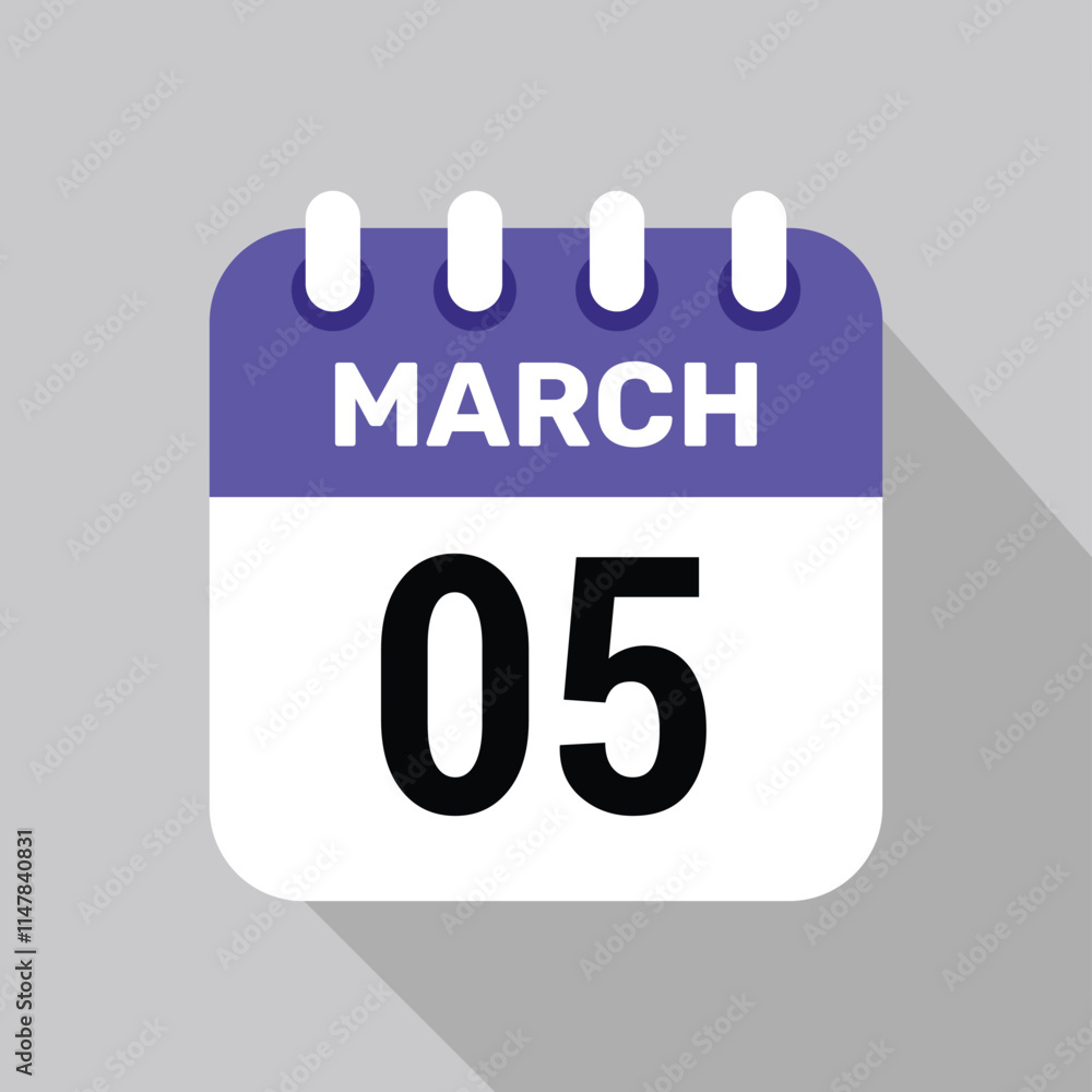 5 march calendar icon vector with date background. Vector schedule symbol. 5 march calendar icon vector with date background. Vector schedule symbol.