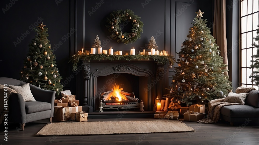 Christmas tree decorated beside the fireplace in a warm living area with dark walls. Christmas tree decorated beside the fireplace in a warm living area with dark walls.