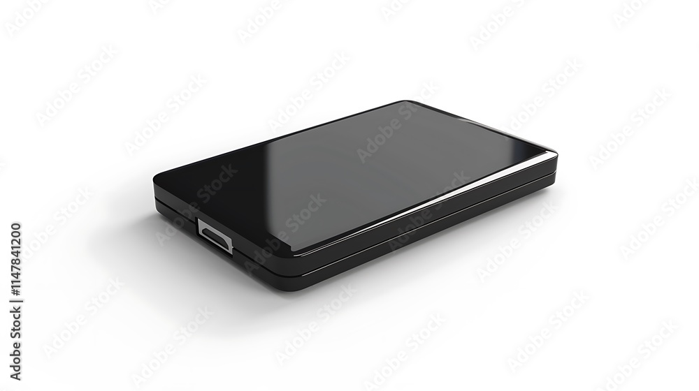 A sleek external hard drive with a glossy black surface, placed on white. A sleek external hard drive with a glossy black surface, placed on white.