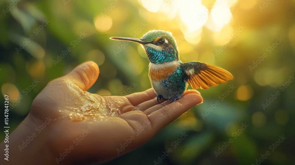 Obraz premium Hummingbird's Gentle Rest: A Moment of Serene Connection