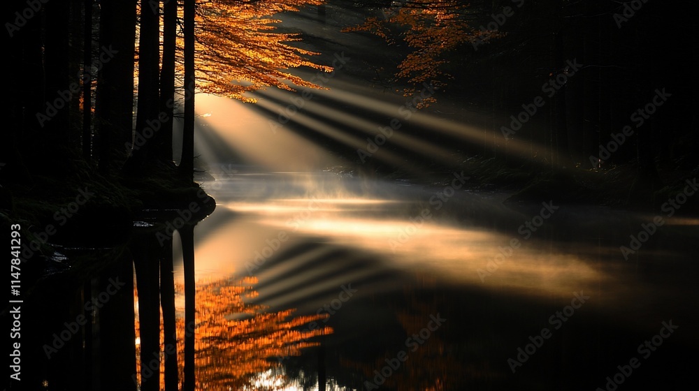 Sunbeams illuminate misty autumn forest lake reflection. Sunbeams illuminate misty autumn forest lake reflection.