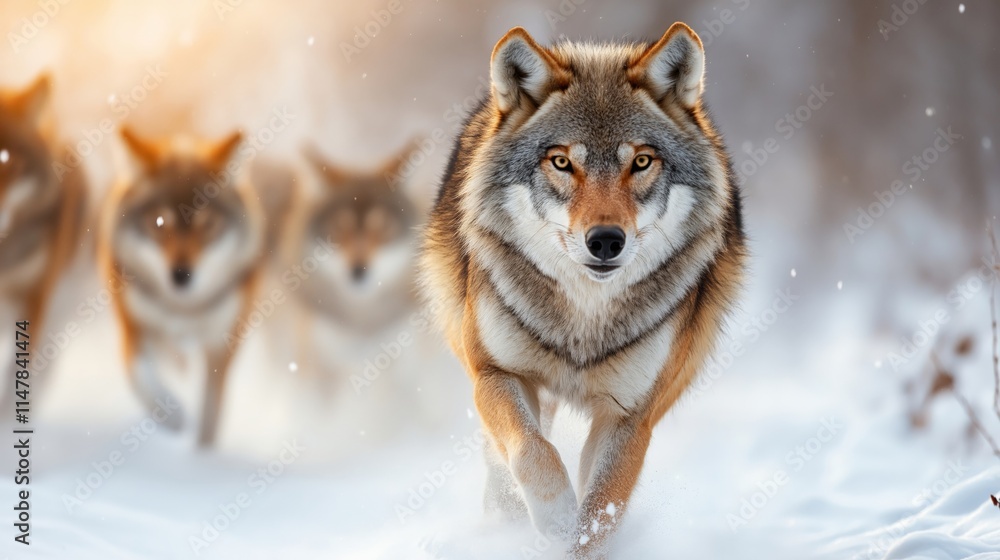 An alpha wolf leading its pack through a snowy forest, its piercing gaze fixed ahead as snowflakes swirl around, capturing the spirit of the wild and winter energy An alpha wolf leading its pack through a snowy forest, its piercing gaze fixed ahead as snowflakes swirl around, capturing the spirit of the wild and winter energy