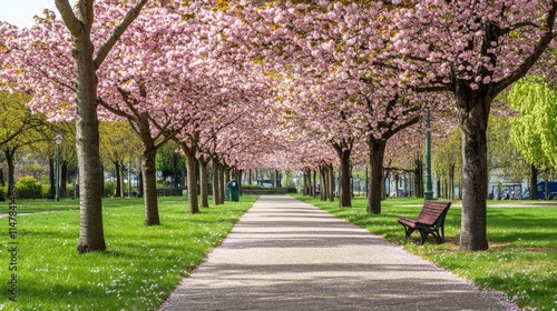 Serene Cherry Blossom Pathway Surrounded by Vibrant Greenery