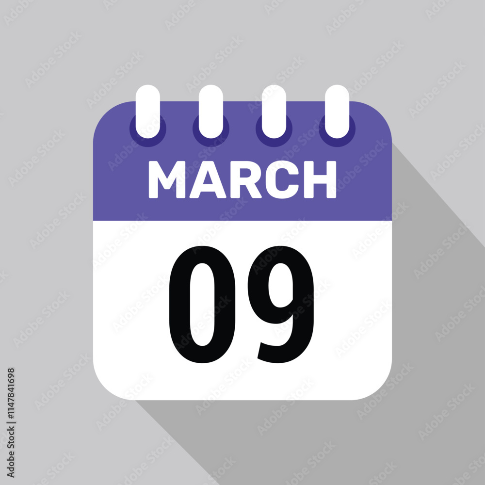 9 march calendar icon vector with date background. Vector schedule symbol. 9 march calendar icon vector with date background. Vector schedule symbol.
