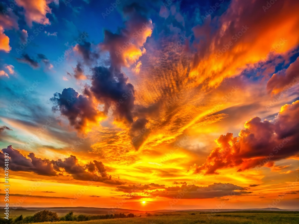 Obraz premium Dramatic Sunset Panorama Wallpaper: Minimalist Orange Cloud Landscape Background