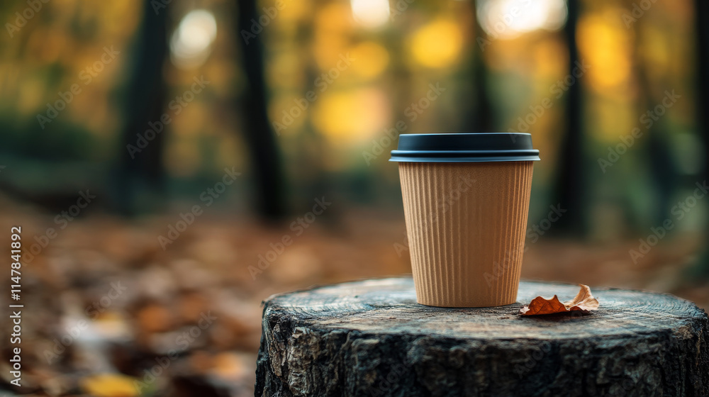 A warm beverage in a disposable cup sits on a tree stump in an autumnal forest. The blurred background of golden leaves creates a cozy atmosphere. A warm beverage in a disposable cup sits on a tree stump in an autumnal forest. The blurred background of golden leaves creates a cozy atmosphere.