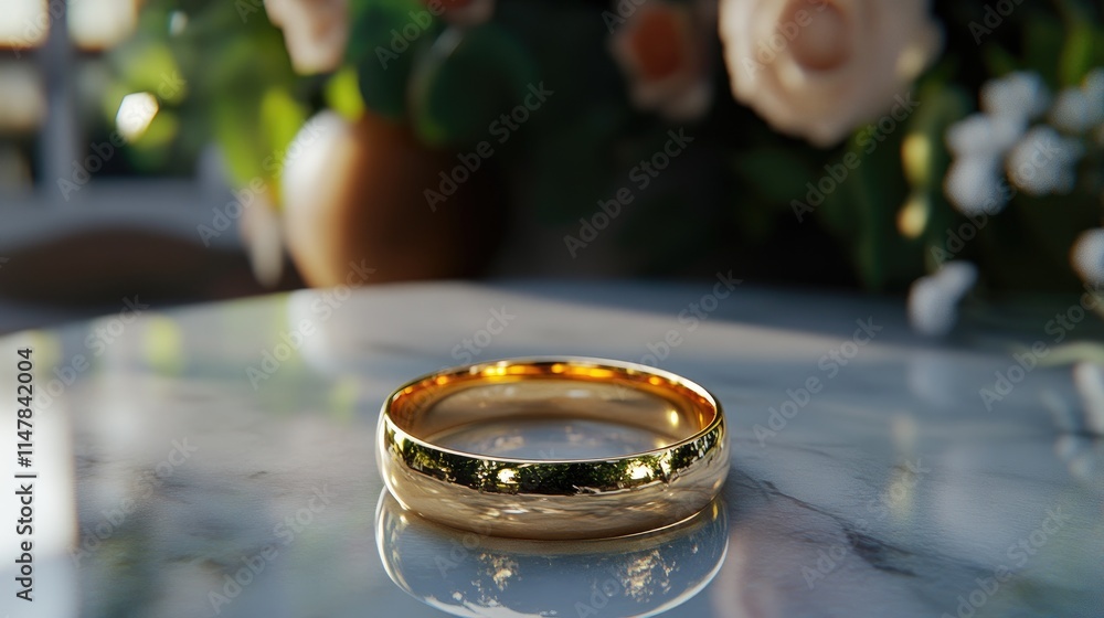 Elegant Gold Ring on Marble Surface with Floral Background Elegant Gold Ring on Marble Surface with Floral Background