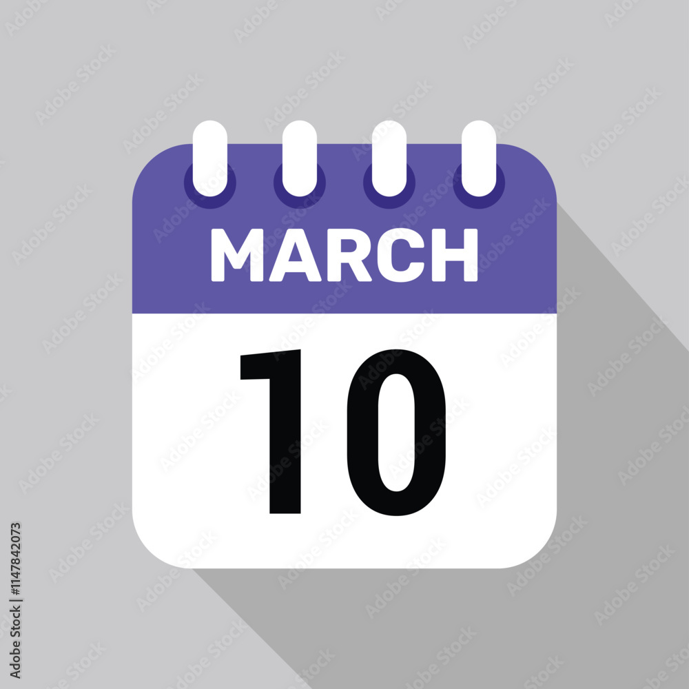 10 march calendar icon vector with date background. Vector schedule symbol. 10 march calendar icon vector with date background. Vector schedule symbol.