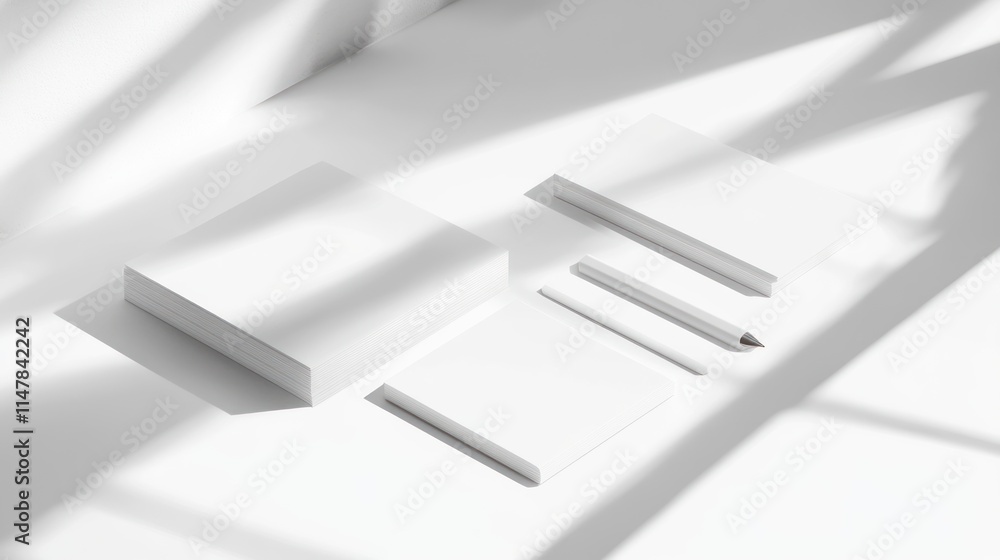 White stationery items arranged on a white surface White stationery items arranged on a white surface