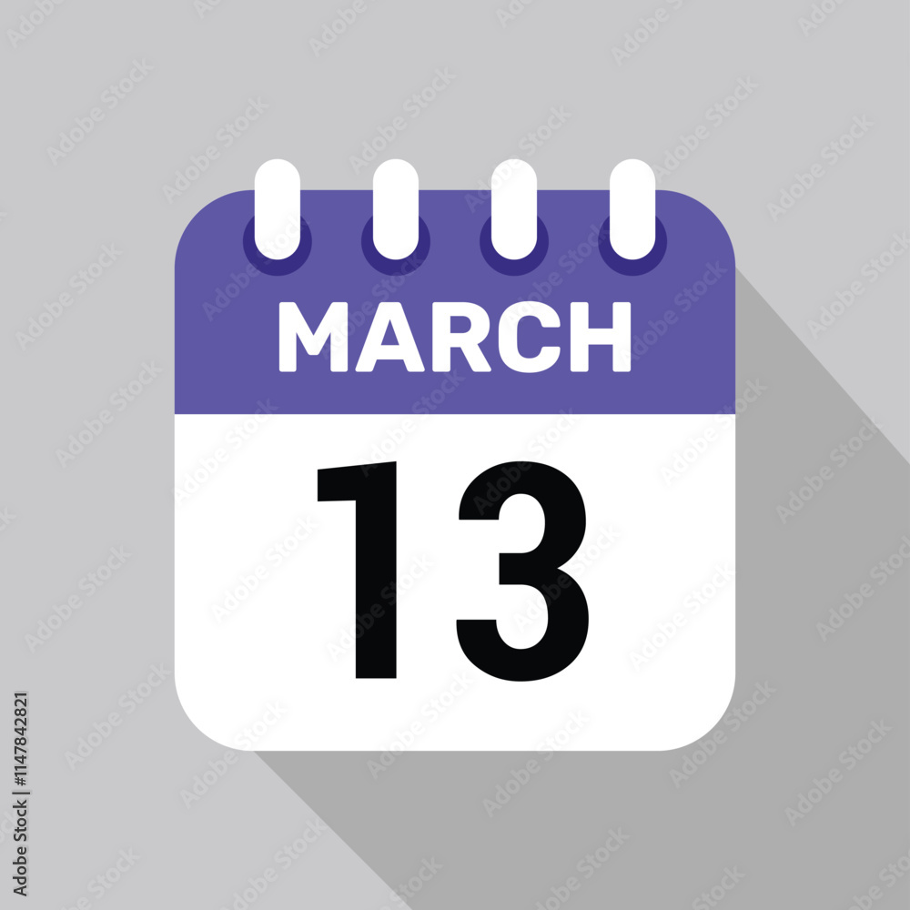 13 march calendar icon vector with date background. Vector schedule symbol. 13 march calendar icon vector with date background. Vector schedule symbol.