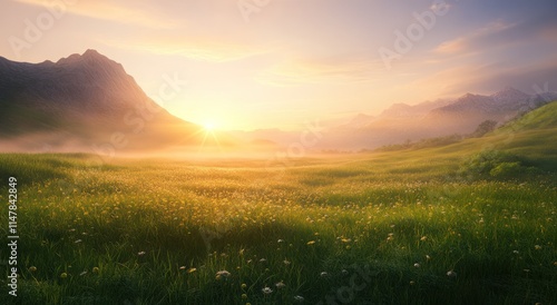 Serene Sunrise Over Misty Mountain Meadow