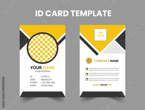 Black and orange color ID Card template. with geometric shape, with QR code Box.