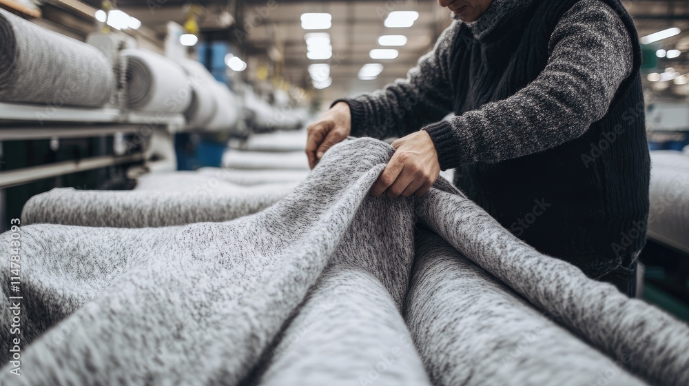 Worker Sorting Gray Textiles in Fabric Manufacturing Facility Worker Sorting Gray Textiles in Fabric Manufacturing Facility