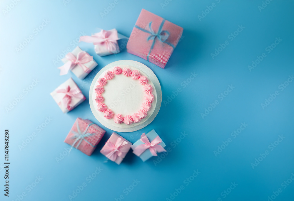 A white frosted cake with pink decorations is surrounded by wrapped gifts on a blue background. A white frosted cake with pink decorations is surrounded by wrapped gifts on a blue background.