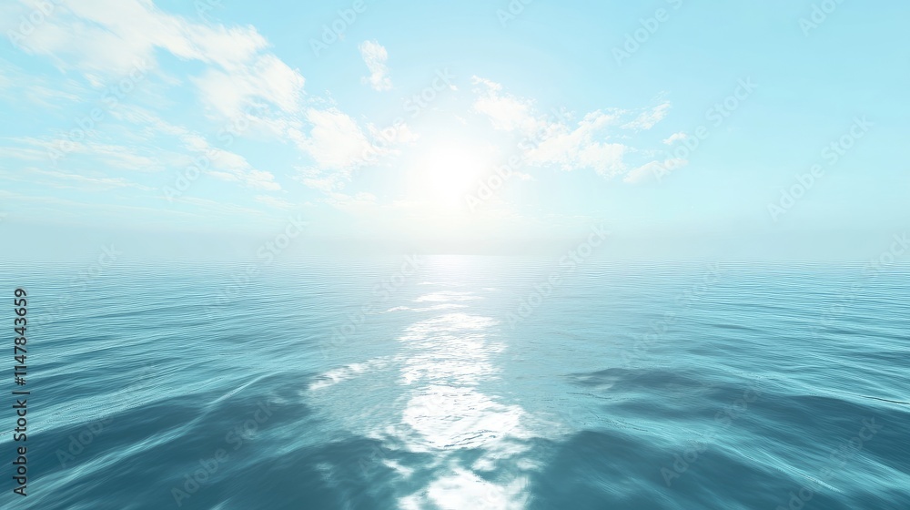 Fototapeta premium Tranquil Blue Ocean with Soft Clouds and Bright Sunlight Reflection