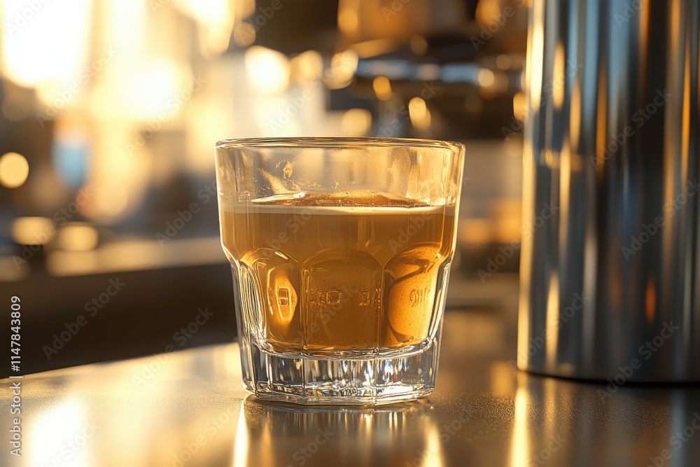 Golden Hour Glass on Café Counter with Soft Light Golden Hour Glass on Café Counter with Soft Light