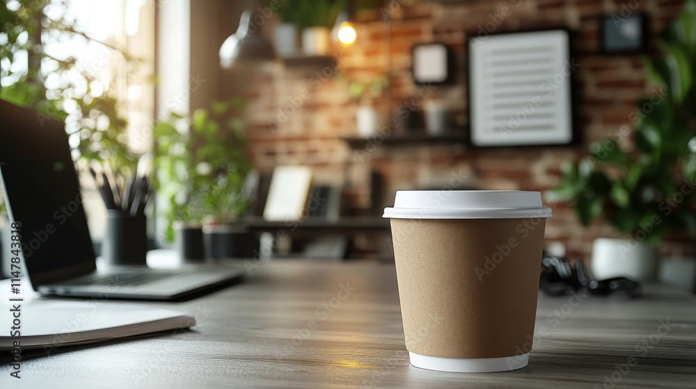 A close-up shot of a disposable coffee cup on a wooden desk in a trendy office, laptop and plants blurred in the background. Warm lighting creates a cozy atmosphere. A close-up shot of a disposable coffee cup on a wooden desk in a trendy office, laptop and plants blurred in the background. Warm lighting creates a cozy atmosphere.