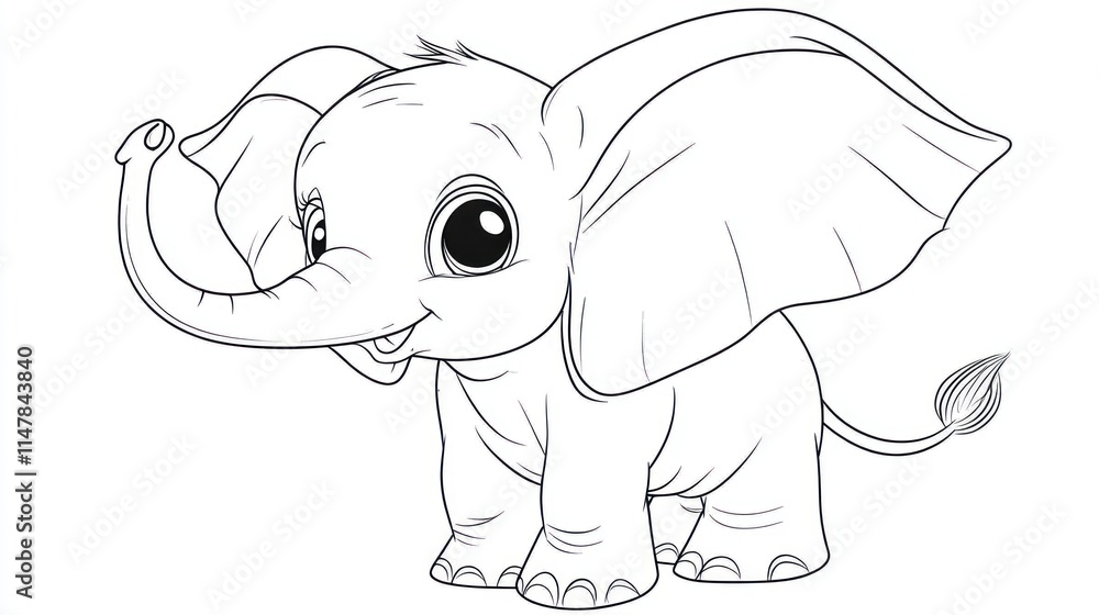 Fototapeta premium Adorable Cartoon Baby Elephant Line Drawing