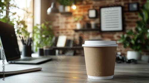 Wallpaper Mural A close-up shot of a disposable coffee cup on a wooden desk in a trendy office, laptop and plants blurred in the background. Warm lighting creates a cozy atmosphere. Torontodigital.ca