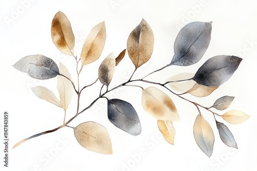 Watercolor painting of a branch with beige and grey leaves.