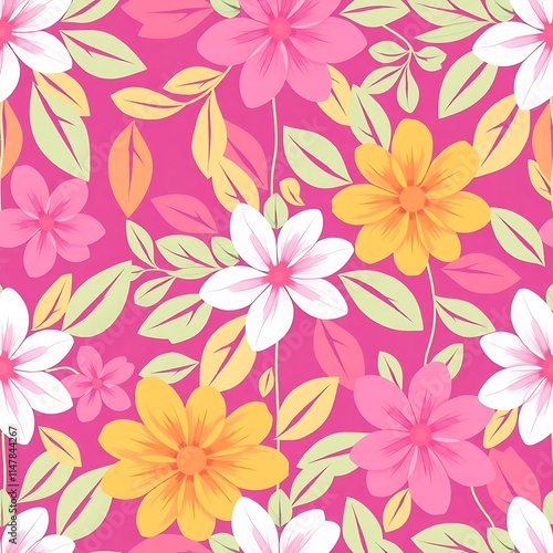 Floral Delight: A vibrant seamless pattern featuring a captivating arrangement of pink, yellow, and white flowers on a magenta background.