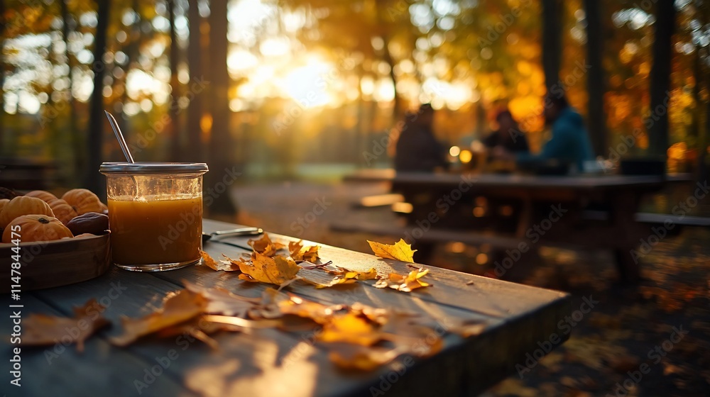 Autumn picnic pumpkins, juice, leaves on wooden table, sunset background. Autumn picnic pumpkins, juice, leaves on wooden table, sunset background.