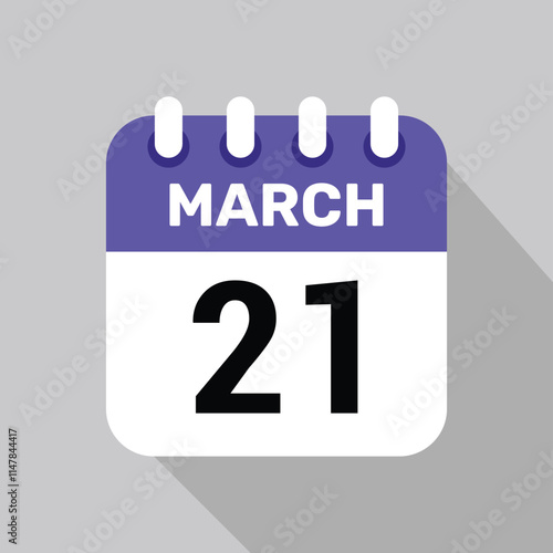 21 march calendar icon vector with date background. Vector schedule symbol.