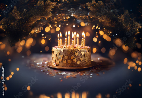 A single-tiered birthday cake with lit candles, covered in gold hearts and sprinkles, sits in front of an out-of-focus background of twinkling lights. photo