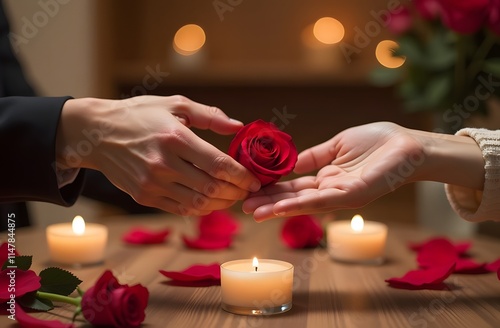 Romantic setting, close-up of hands passing a rose flower to each other. Perfect for valentine's day greetings and cards.