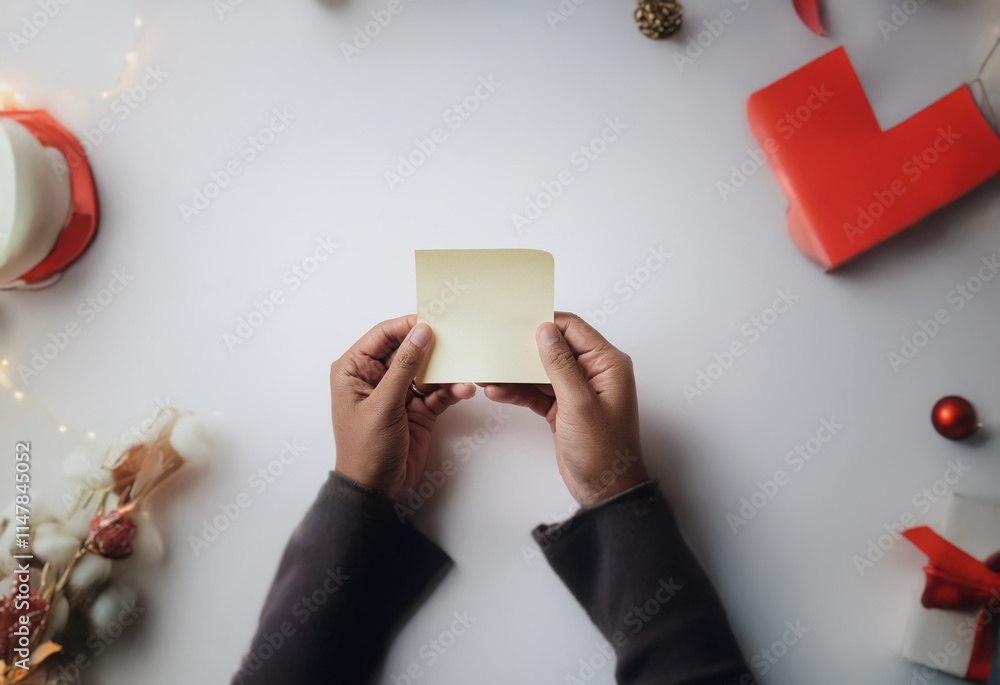 Obraz premium A pair of hands hold a blank yellow sticky note on a white table with festive Christmas decorations.
