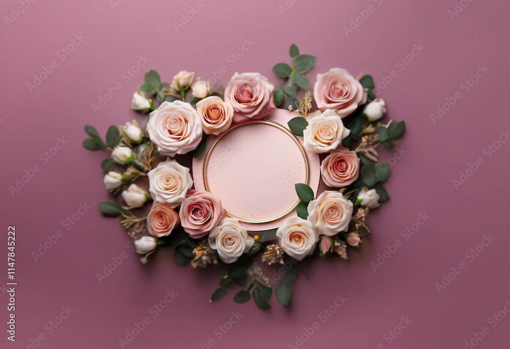 A circular blank frame surrounded by a wreath of pink and white roses and greenery against a mauve backdrop. A circular blank frame surrounded by a wreath of pink and white roses and greenery against a mauve backdrop.
