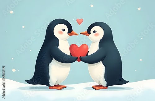 Two cute pinguins holding a heart. Perfect for Valentine's Day greetings and cards