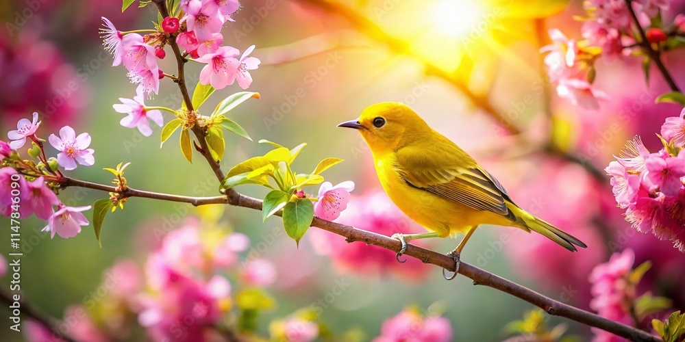 Drone Photography: Yellow Bird on Pink Blossom Branch - Stunning Aerial View Drone Photography: Yellow Bird on Pink Blossom Branch - Stunning Aerial View